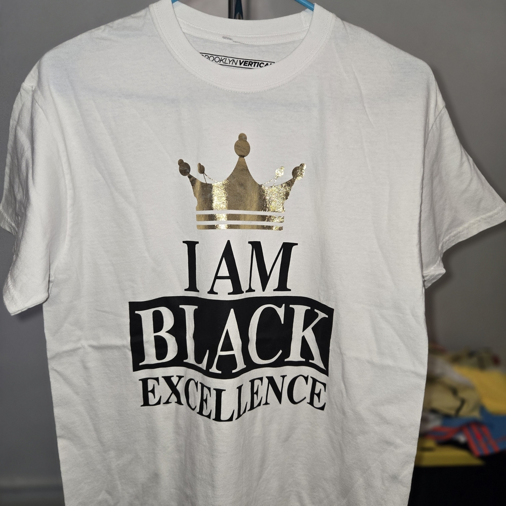 White Tee with Gold Crown and Black Excellence Print